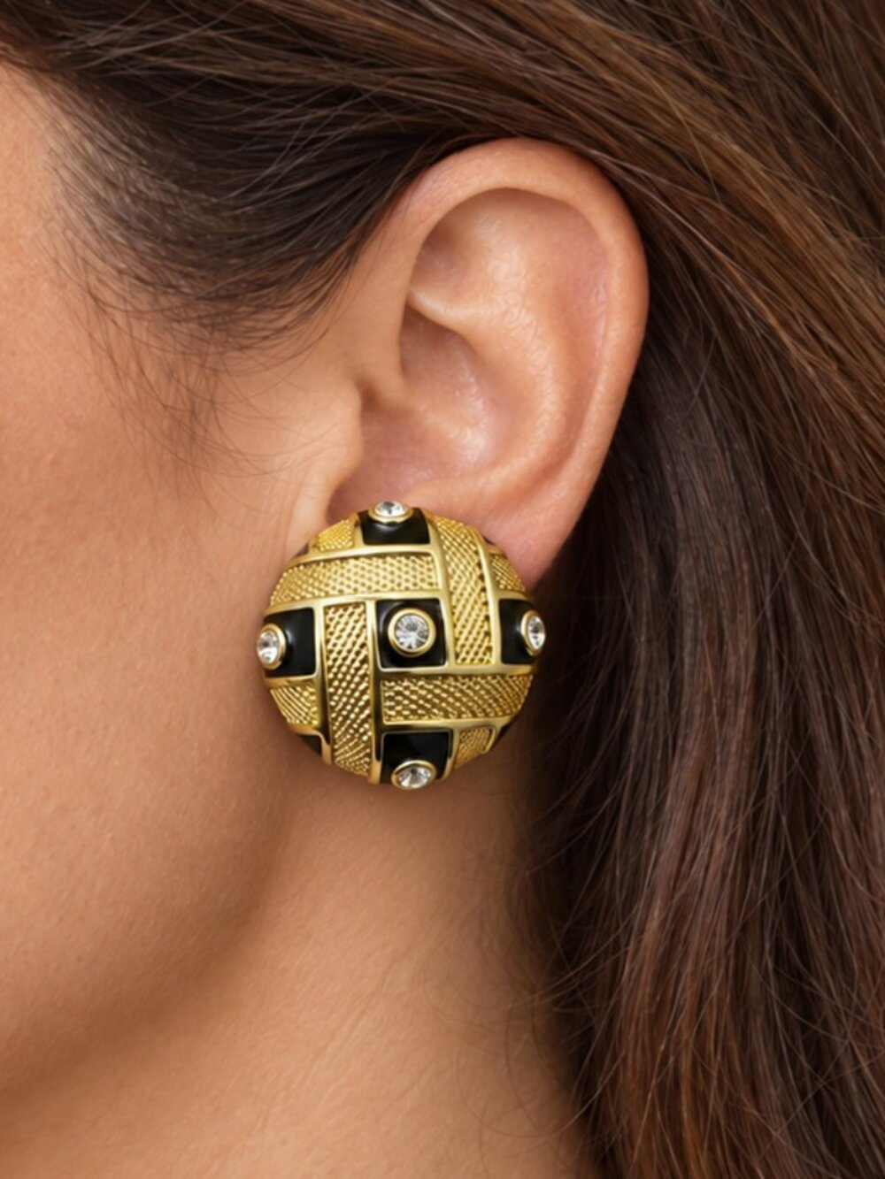 Vintage Black & Gold-Tone Basketweave Rhinestone Clip-On Earrings